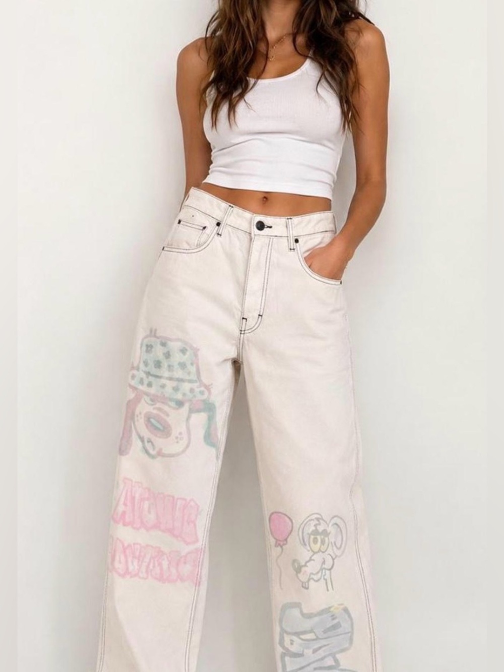 Bershka 90s Wide Leg Denim White Cartoon Graffiti Graphic Jeans Womens